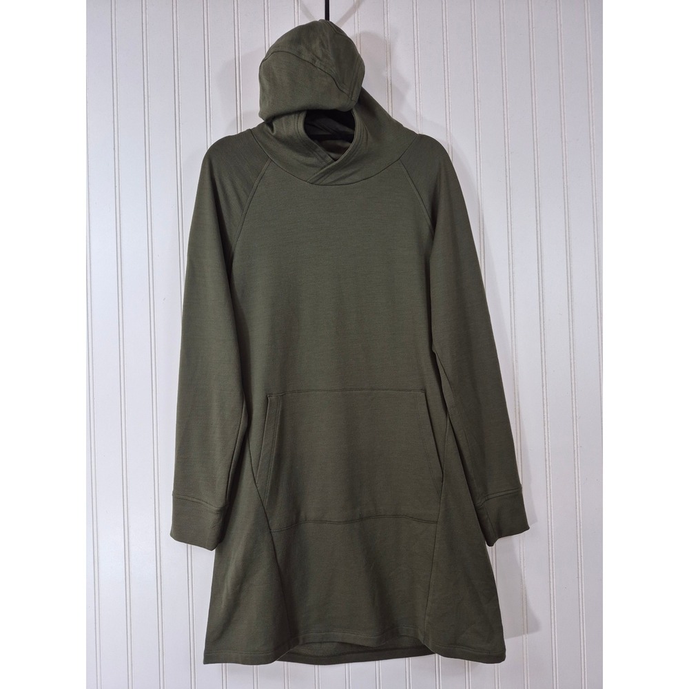 Wool& Merino Wool Blend Hoodie Dress Olive Green Long Sleeve Kangaroo Pocket M